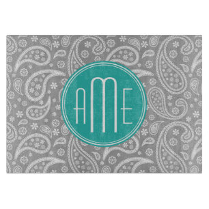 Chic Floral Grey Paisley Pattern & Blue Monogram Cutting Board