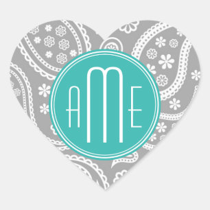 Chic Floral Grey Paisley Pattern & Blue Monogram Heart Sticker