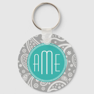 Chic Floral Grey Paisley Pattern & Blue Monogram Keychain