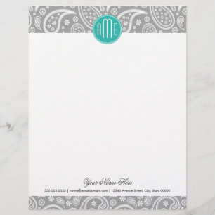 Chic Floral Grey Paisley Pattern & Blue Monogram Letterhead
