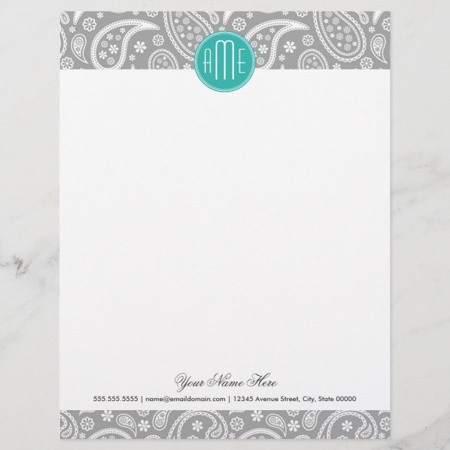 Chic Floral Grey Paisley Pattern & Blue Monogram Letterhead (Front)