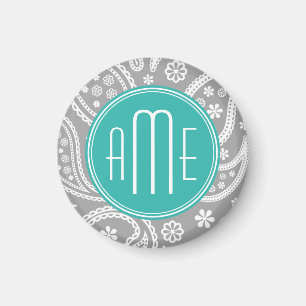 Chic Floral Grey Paisley Pattern & Blue Monogram Magnet