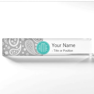 Chic Floral Grey Paisley Pattern & Blue Monogram Nameplate