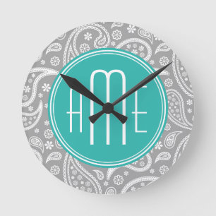 Chic Floral Grey Paisley Pattern & Blue Monogram Round Clock