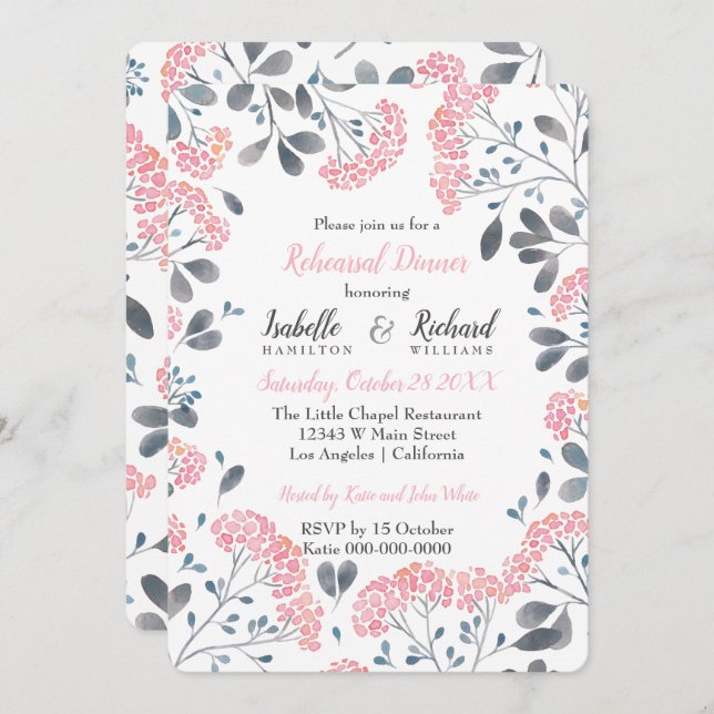 Chic floral grey pink watercolor Rehearsal Dinner Invitation (Front/Back)