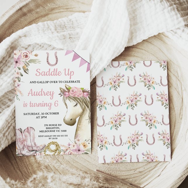 Chic Floral Horse or Pony Saddle Up Birthday Invitation (Horse themed saddle up birthday invitation with cowgirl boots, rope and horseshoe.)