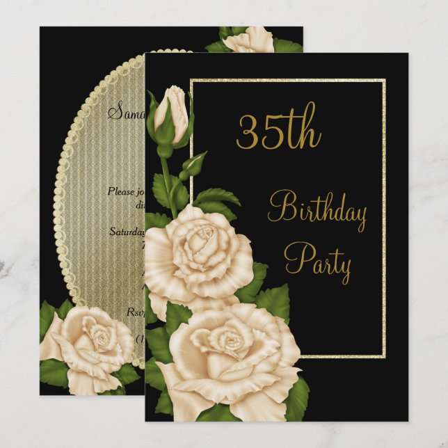 Chic Floral Ivory Roses 35th Birthday Invitation (Front/Back)