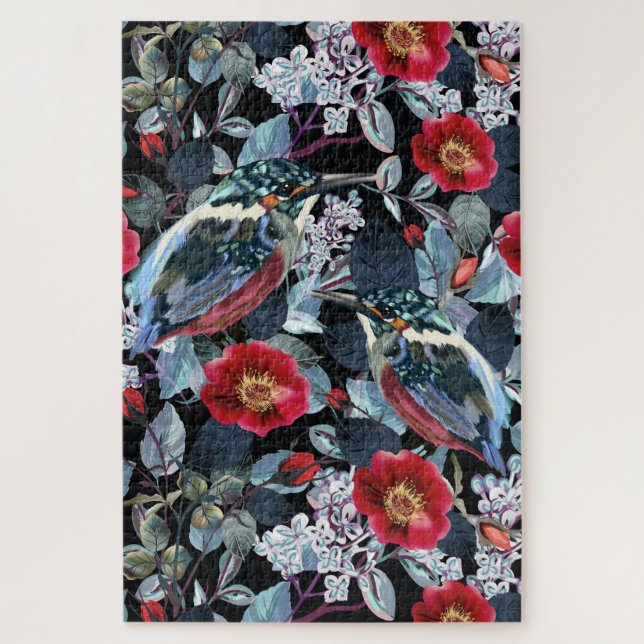 Chic Floral Kingfisher Birds Jigsaw Puzzle (Vertical)