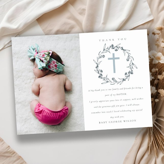 Chic Floral Laurel Wreath Dusky Blue Grey Baptism Thank You Card (Creator Uploaded)