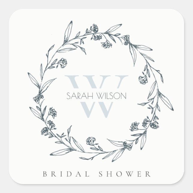 Chic Floral Laurel Wreath Monogram Bridal Shower Square Sticker (Front)