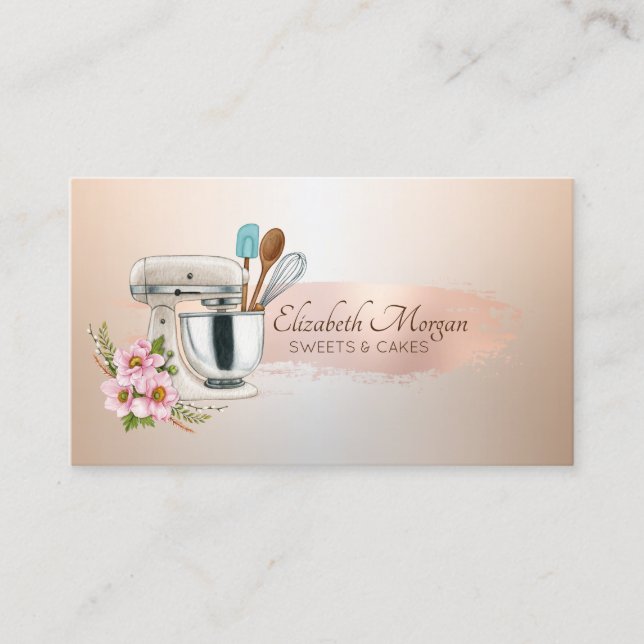 Chic Floral Mixer Rose Gold Brush Stroke,Bakery Business Card (Front)