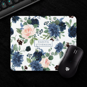 Chic Floral   Navy Blue and Blush Pink Pattern Mouse Pad