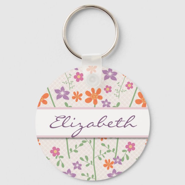 Chic Floral Pattern Design Monogram Keychain (Front)