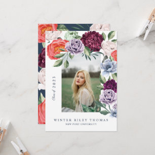 Chic Floral Peonies Rose Blossoms Graduation Photo Invitation