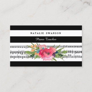 Chic Floral Piano Teacher Modern Musical Notes Business Card