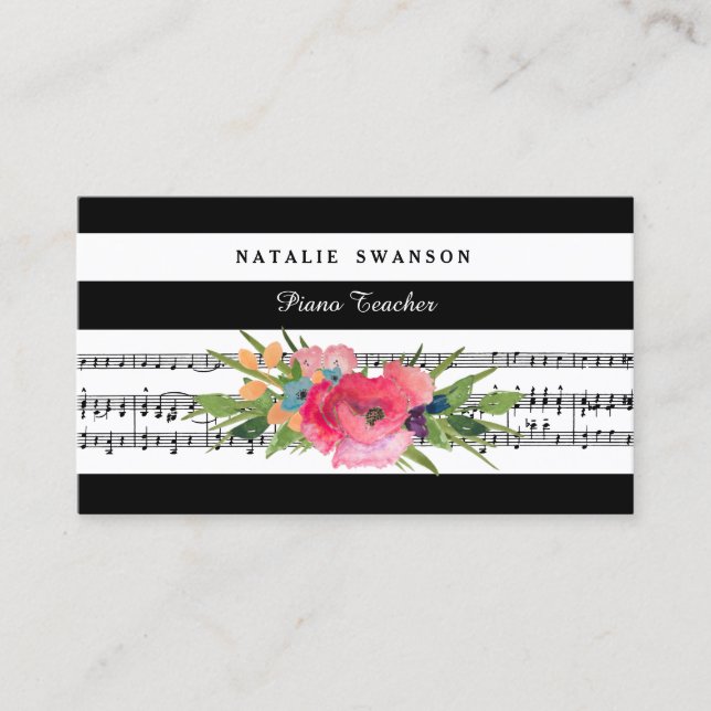 Chic Floral Piano Teacher Modern Musical Notes Business Card (Front)