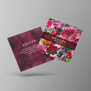 Chic floral pink Burgundy purple glitter monogram Square Business Card