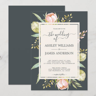 Chic Floral Pink Peony Botanical Off-black Wedding Invitation