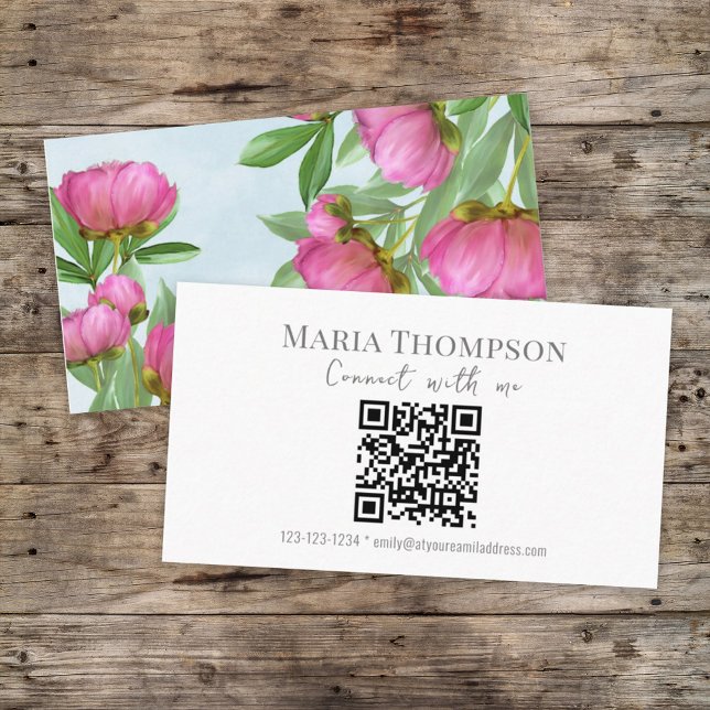 Chic Floral Pink Peony Professional QR Code  Business Card (Creator Uploaded)