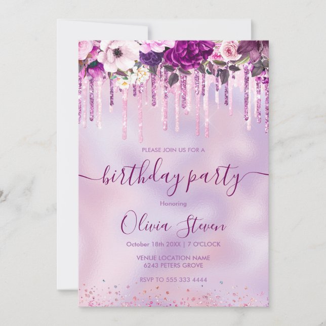 Chic floral pink purple dripping  glitter any age  invitation (Front)