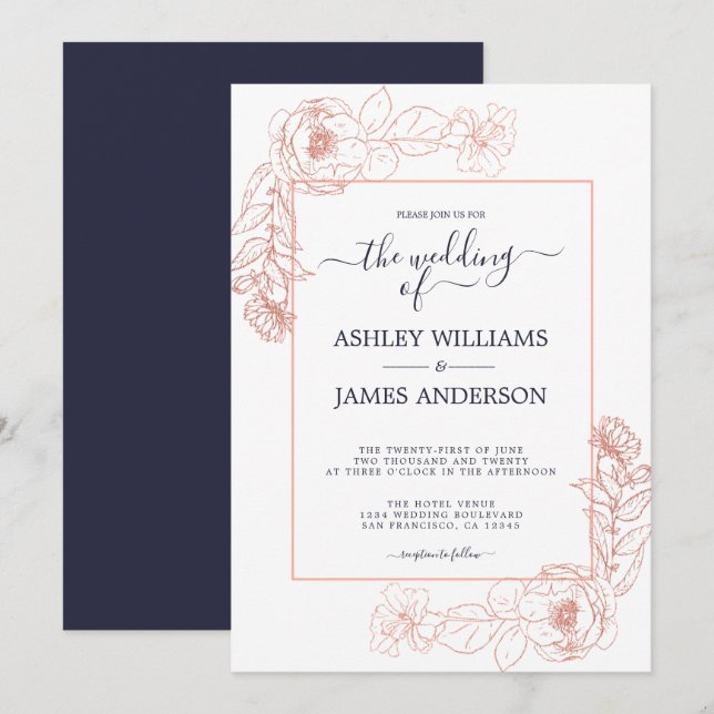 Chic Floral Pink Rose Gold Dark Blue Wedding Invitation (Front/Back)