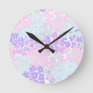 Chic Floral Pink Teal Purple Pattern Round Clock