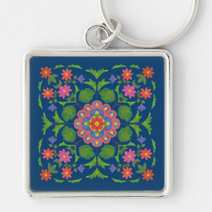 Chic Floral Rangoli on Deep Blue Square Keychain