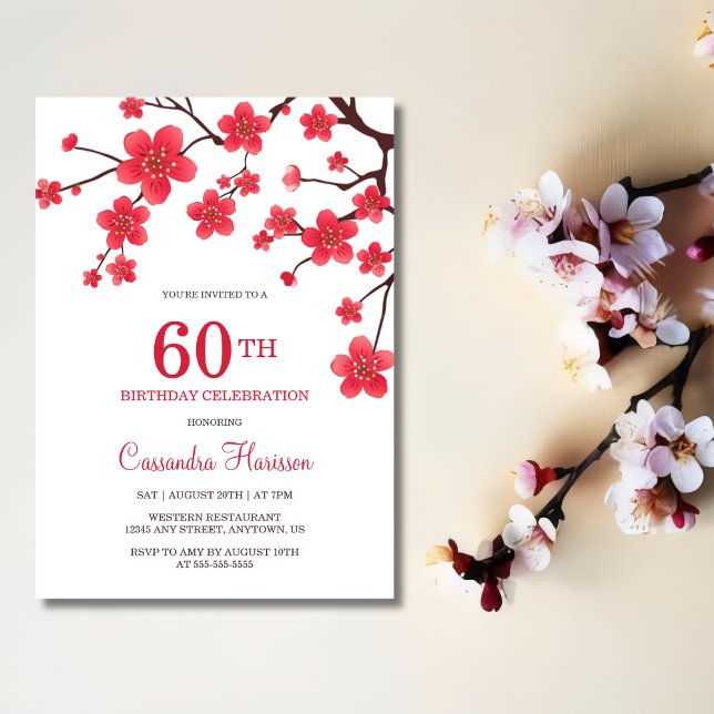 Chic Floral Red Cherry Blossom Sakura Birthday Invitation (Creator Uploaded)