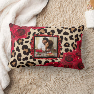 Chic Floral Red Rose Leopard Print Your Photo Lumbar Pillow