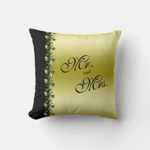 Chic Floral Romantic Gold & Black Mr & Mrs Throw Pillow