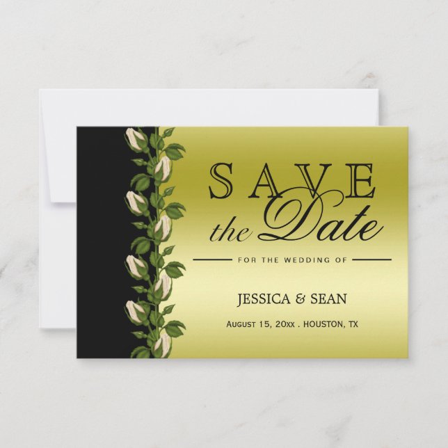 Chic Floral, Romantic Gold & Black Save The Date (Front)