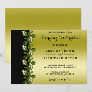 Chic Floral, Romantic Gold & Black Wedding Invitation