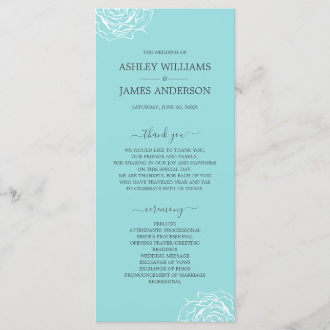 Chic Floral Rose Blue Simple Minimal Wedding Program (Front)