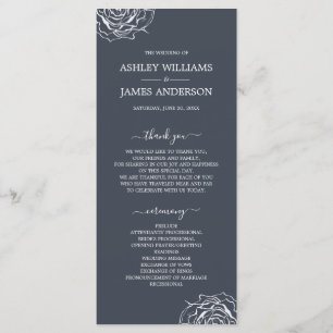Chic Floral Rose Dark Blue Simple Minimal Wedding Program