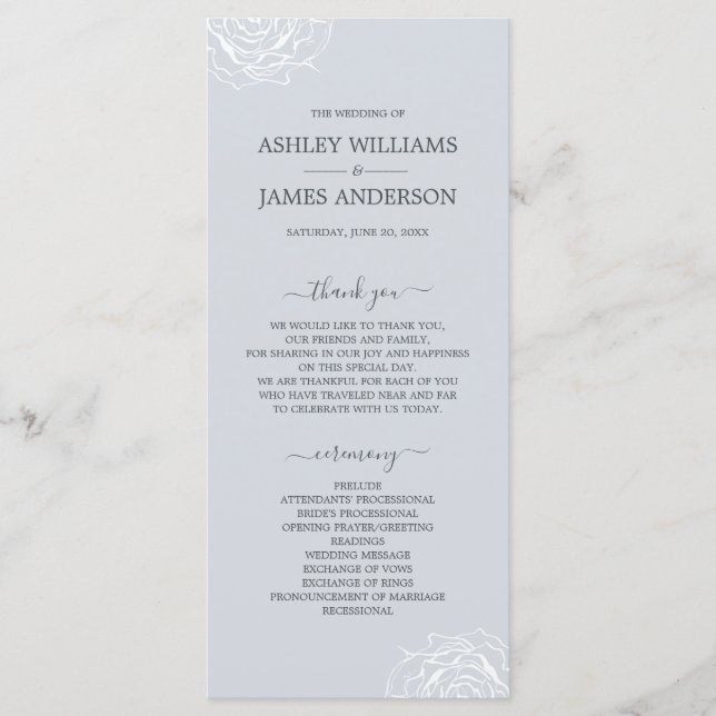 Chic Floral Rose Ice Blue Simple Minimal Wedding Program (Front)