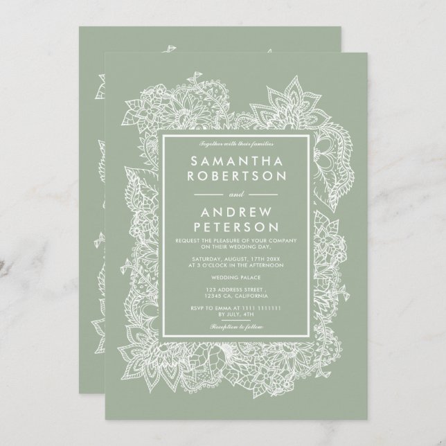 Chic floral sage green white modern wedding invitation (Front/Back)