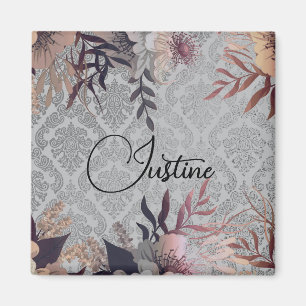 Chic Floral Silver Damask Personalized   Magnet