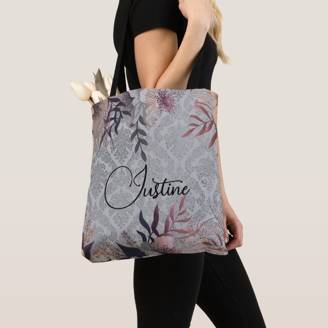 Chic Floral Silver Damask Personalized Tote Bag (Close Up)