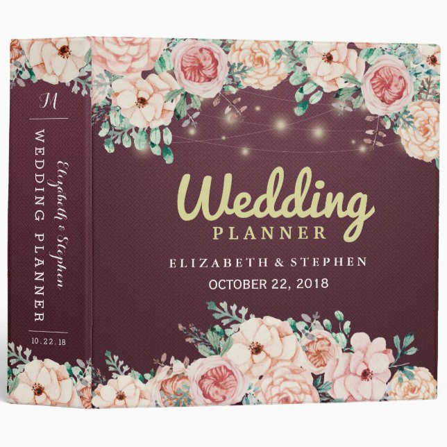Chic Floral String Lights Burgundy Wedding Planner Binder (Front/Spine)