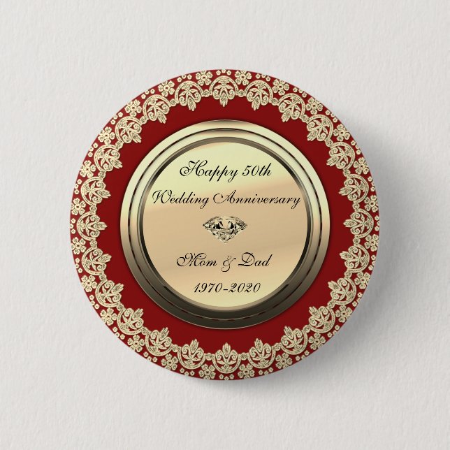 Chic Floral Swirls Red 50th Wedding Anniversary 2 Inch Round Button (Front)
