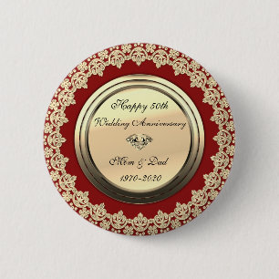 Chic Floral Swirls Red 50th Wedding Anniversary 2 Inch Round Button