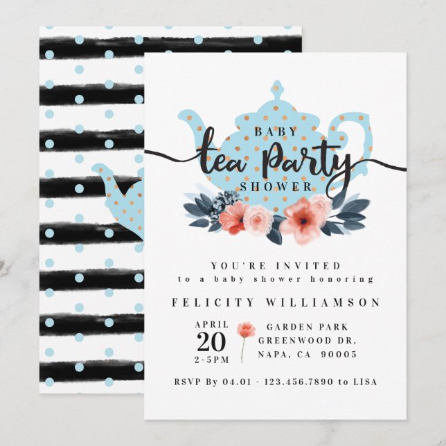Chic Floral Tea Party Boy Baby shower Invitation (Devant / Derrière)