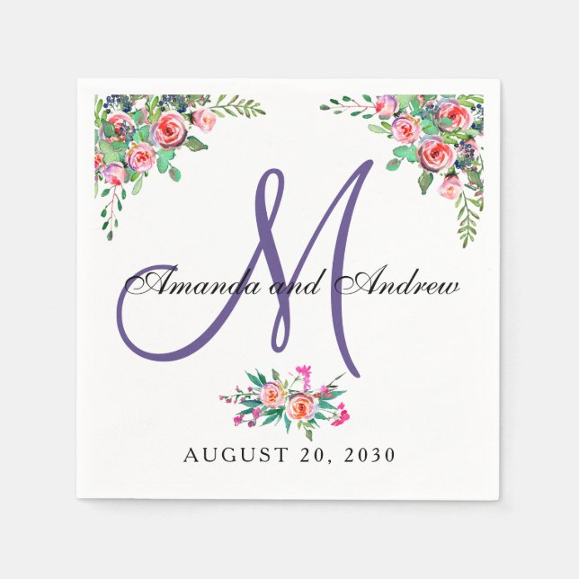Chic Floral Ultra Violet Monogram Wedding Napkin (Front)