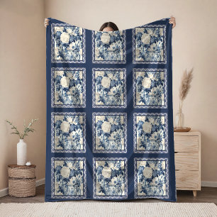 Chic floral vase Blue chinoiserie toile monogram Fleece Blanket