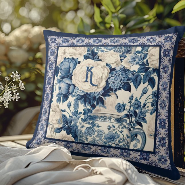 Chic floral vase Blue chinoiserie toile  monogram Throw Pillow (Creator Uploaded)