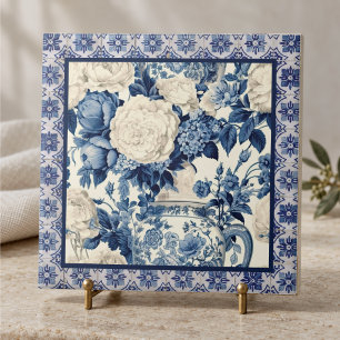 Chic floral vase Blue chinoiserie toile monogram Tile