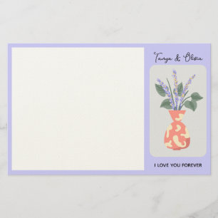 Chic floral vase illustration with lavender stationery