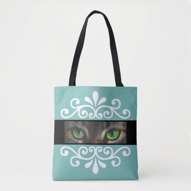 Chic floral vector cat eyes custom photo on teal tote bag (Front)