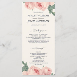 Chic Floral Vintage Pink Rose Off-white Wedding Program
