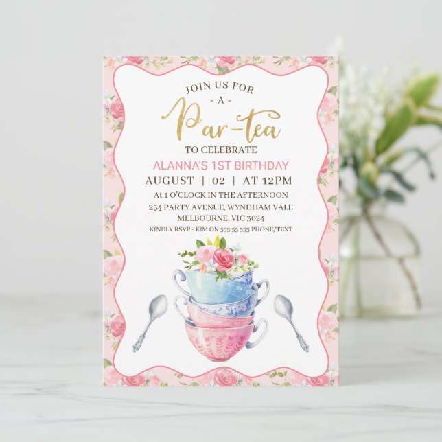 Chic Floral Wave Teacups 1st Birthday Tea Party  Invitation (Standing Front)
